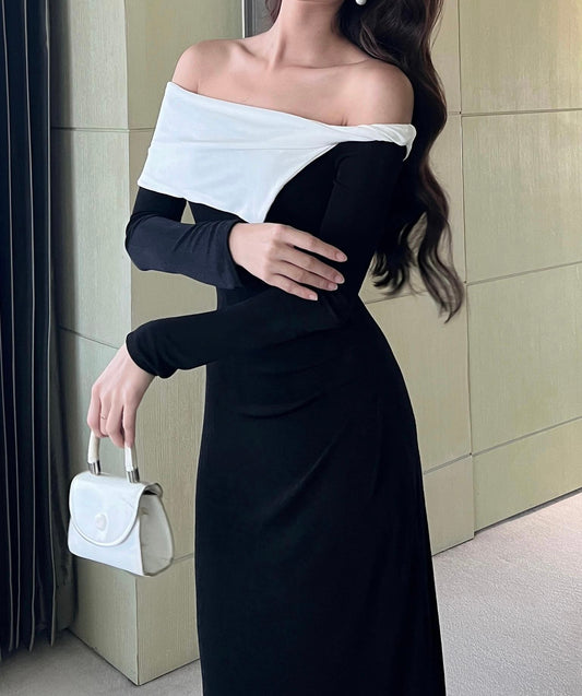 Dress Off Shoulder Long Sleeve Black / White